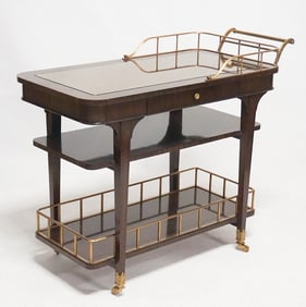Deco Style Mahogany & Brass Glass Top Tea Trolly