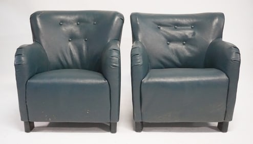 Fine Pair Designer Leather Club Easy Chairs