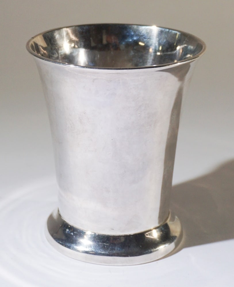 Excellent English George II Silver Beaker: Circa 1760 by John Langlands working in Newcastle. Very fine early example having a nice well formed body with flared rim over well shaped foot. The piece bearing all hallmarks at underside and in ver