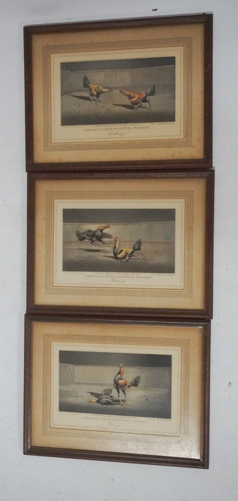 Set Antique English Cock Fight Sporting Engravings: Edwin Megargee (New York, 1883 - 1958) Set of three each nicely and colored and framed to conform. H8 1/2" W12 1/2" (without mat and frame) Sold from the collection of an Eastern Shore of Maryland fam