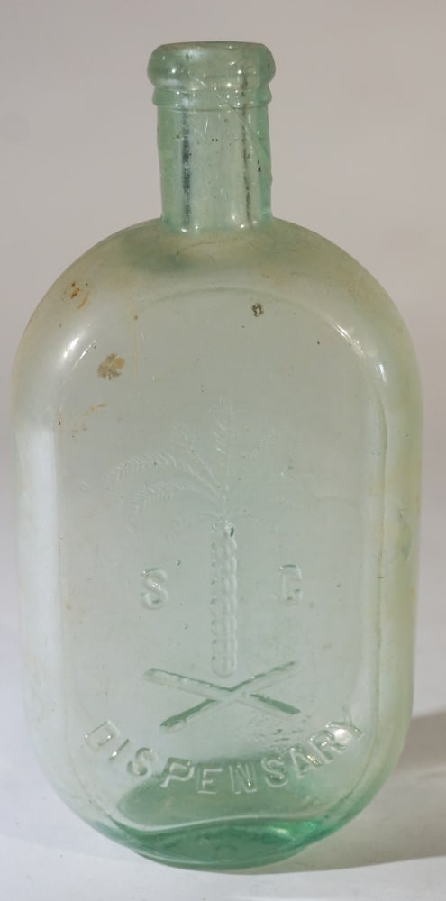 Antique South Carolina Aqua Dispensary Bottle: Larger size JoJo flask with palmetto seal very nicely embossed and uncommon aqua color glass. Good overall condition with no cracks or chips. H8" Sold from the collection of an Upcountry, South Caroli