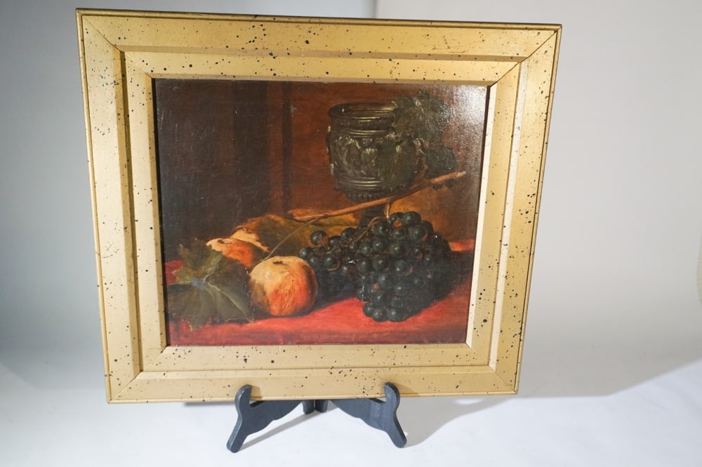 American or English School: Mid to late 19th century. Oil on canvas fruit still life having been well rendered, no apparent signature detected. H11 1/4" W13 1/4" (without frame) Sold from the collection of the Williams family of