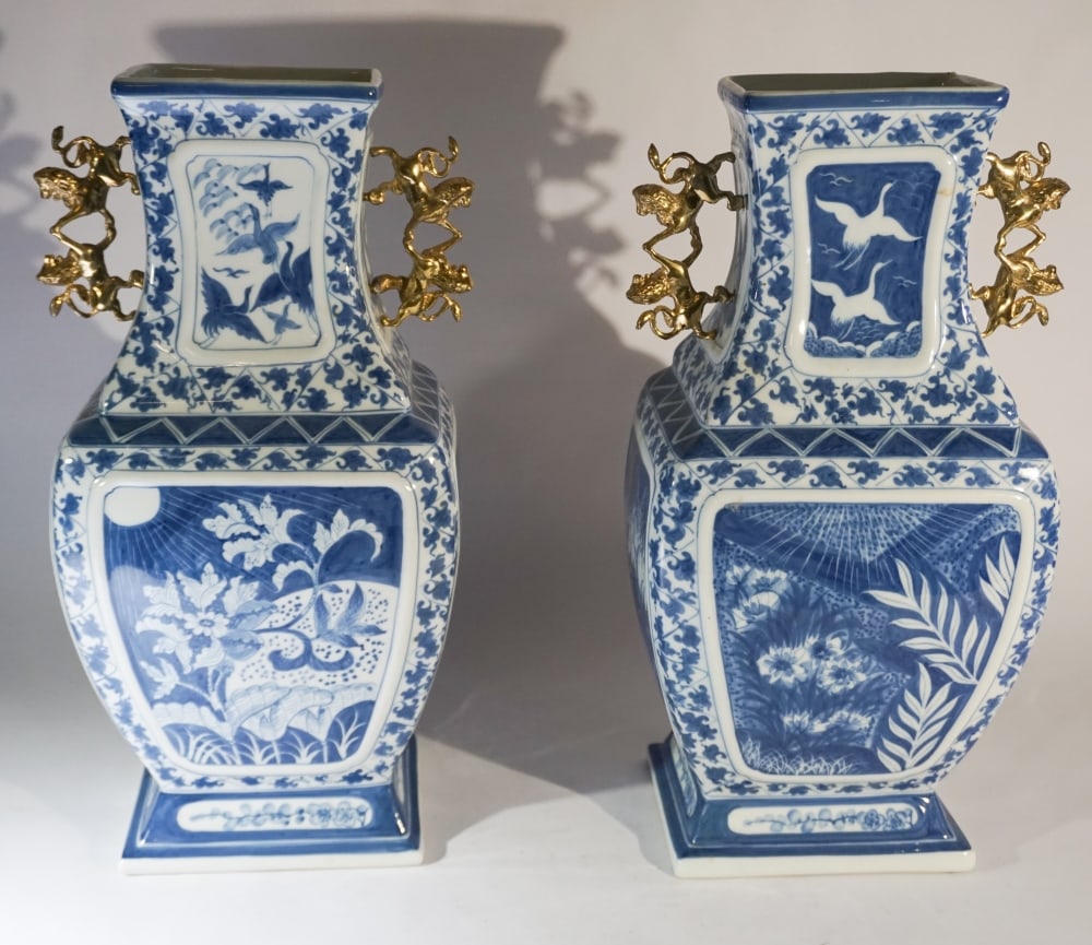 Pair Ming Style Chinese Blue & White Urns (1 of 3)