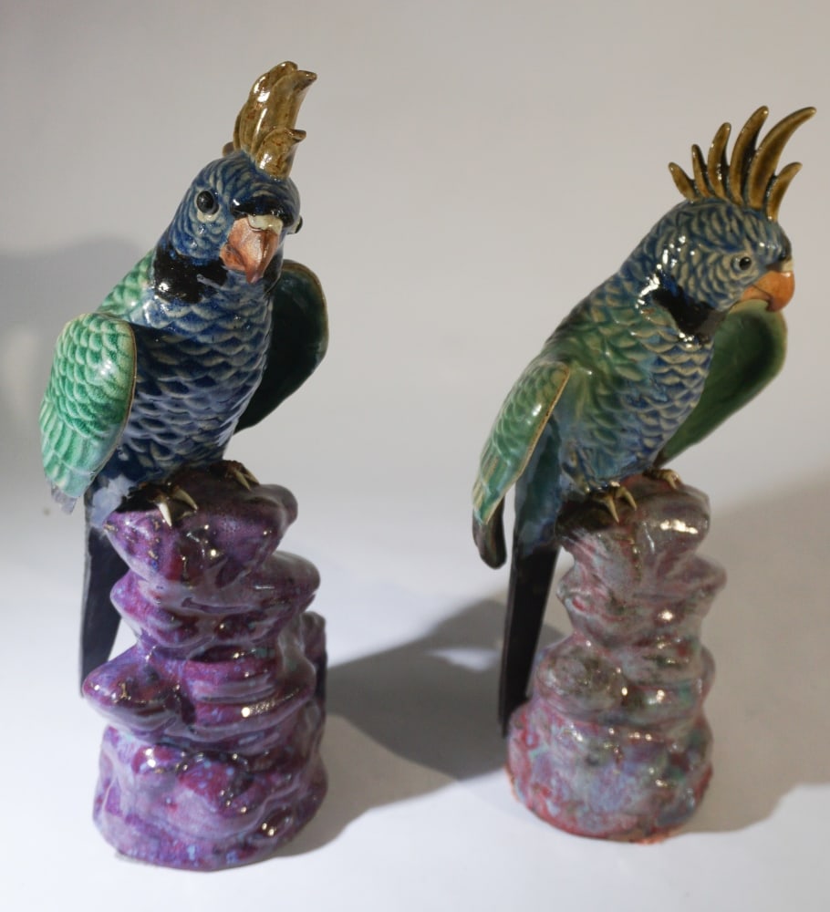 Pair Chinese Earthenware Majolica Pottery Parrots (1 of 3)