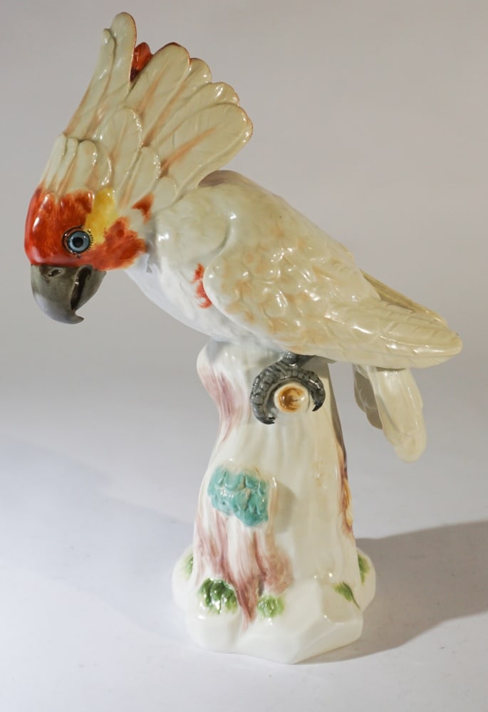 Antique German Meissen Porcelain Macaw: Early 20th century. Having excellent form and colors and marked at backside with crossed swords. Excellent condition. H10 1/8" Sold from the collection of a Columbia, South Carolina lady.