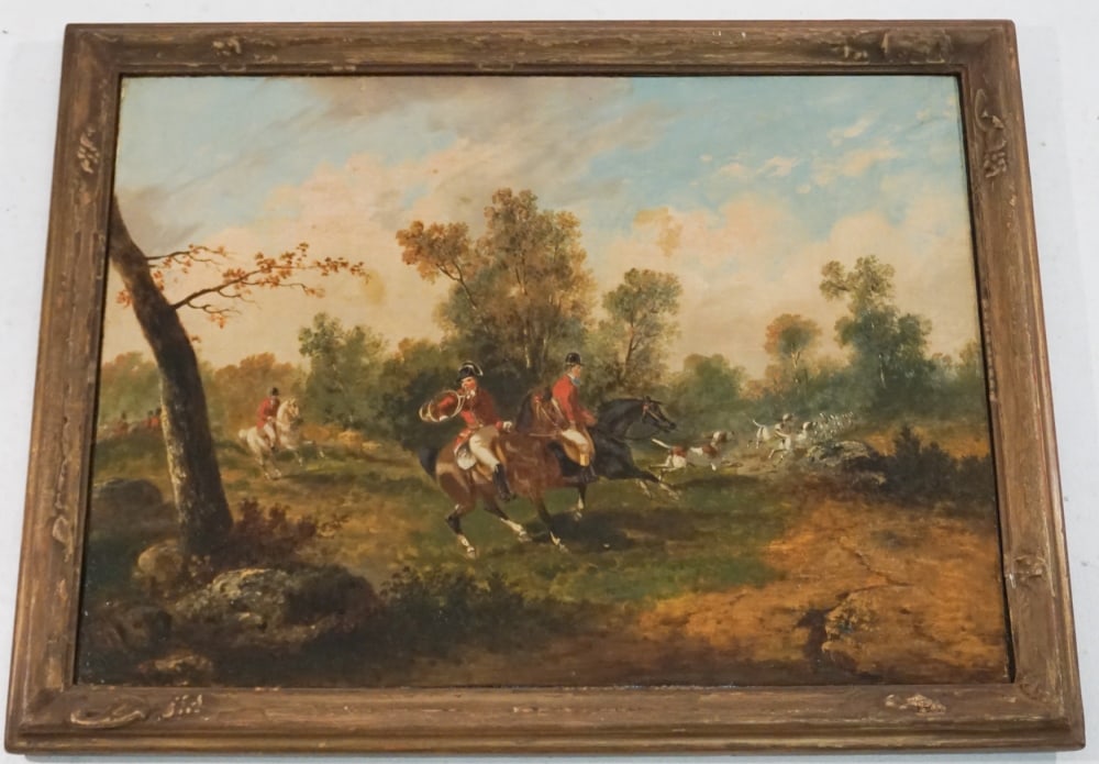 British School: Circa 1860. Oil on canvas of huntsman on horseback with hounds at bay. The work is monogramed lower right AB. Very well rendered work housed in period frame. Framed: H25 1/2" W32 1/2" Sold from the Br