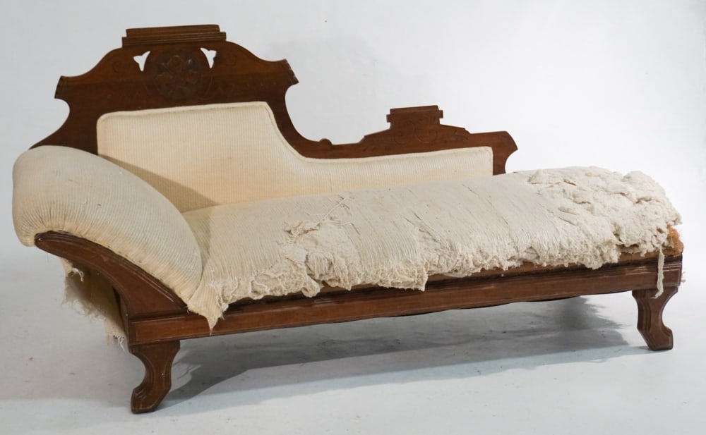 Renaissance Revival Mahogany Chaise Lounge: Circa 1880, likely by Milo Hoyt Berry, South Carolina (1819-1907). Having a nicely carved frame with upholstered seat and back. L68" D24" H34" Sold from the personal collection of Mrs. Pat Martin of E