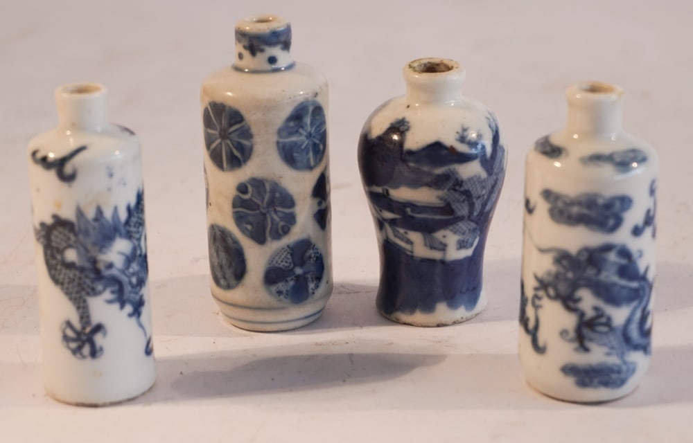 Four Antique Chinese Blue & White Snuff Bottles (1 of 2)