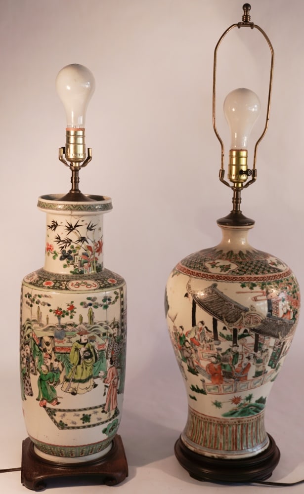 Pair Antique Chinese Porcelain Vases: Likely Qing Period famille verte vases each drilled as lamps. Each decorated very nicely the urn having a small hairline at its rim and the spout of the gourd form vase is restored, otherwise good con