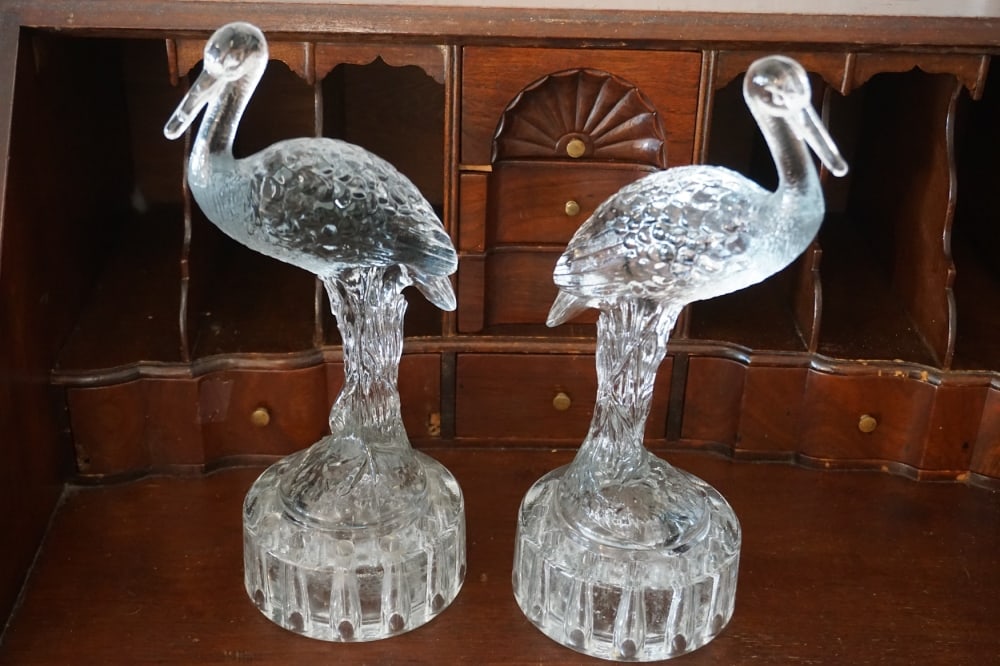 Elegant Pair Cambridge Glass Pressed Glass Sculptural Heron Flower Frogs (1 of 3)