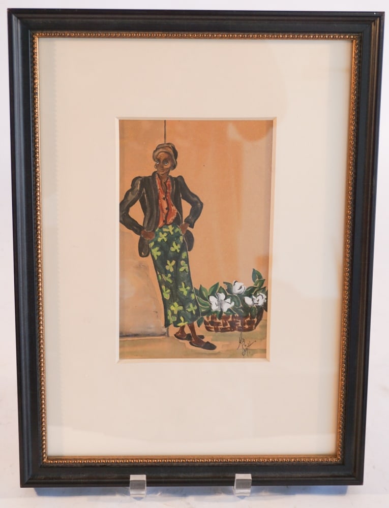 Alice (Scanland) Scott: (South Carolina/Florida, 1924 - 2005) Watercolor on paper elegant young flower lady of Charleston. Signed lower right. Sight size: H8" W4 3/4" (without mat and frame)