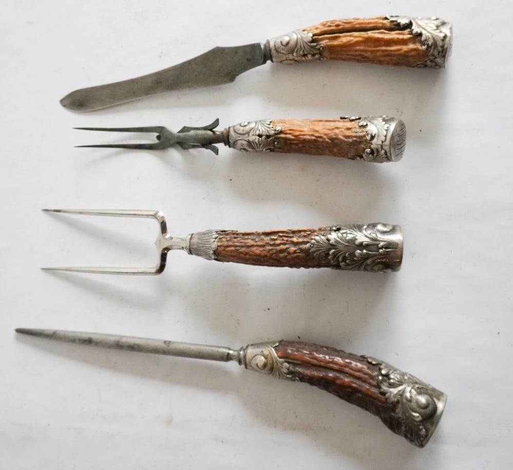 Excellent Antique Sterling & Stag Horn Carving Set (1 of 2)