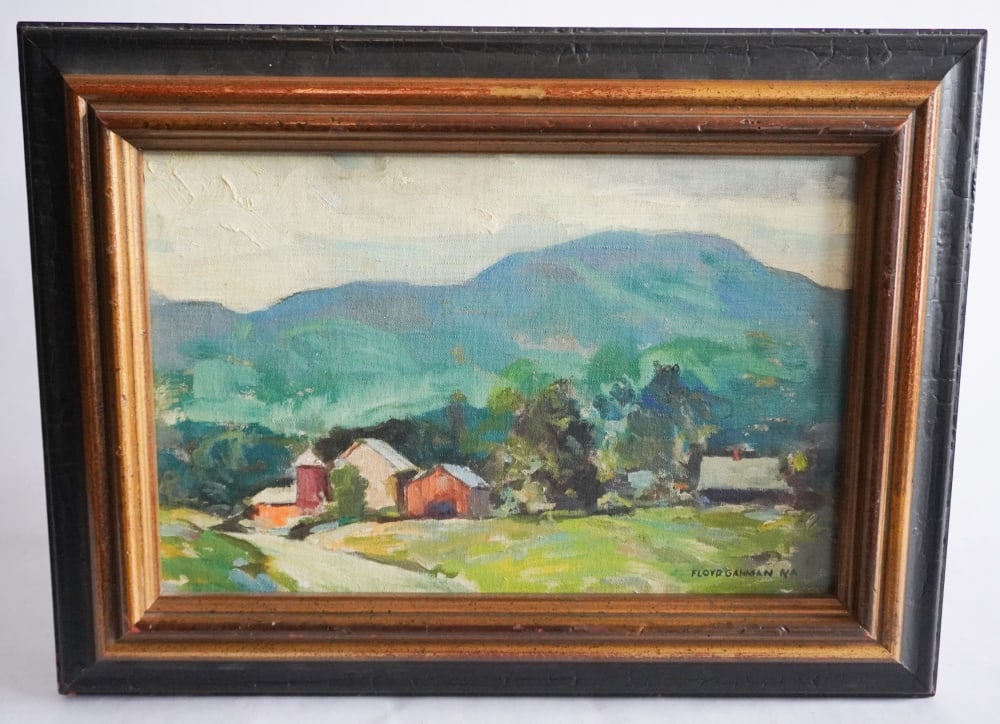 Floyd Gahman: (New York/Ohio, 1894-1979) Oil on board titled, "John Blacks Farm Vermont" Signed lower right. Excellent condition very well kept and framed nicely. Sight size: H9 1/4" W14 1/2" (without frame) Sold f