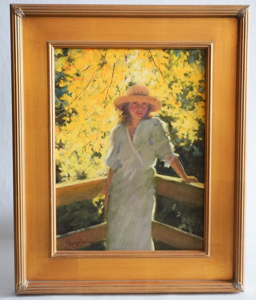 Christine Lawrence: (Australia, b. 1951) Oil on board titled, "Cloaked in Sunlight." Excellently rendered and framed nicely. Good condition. Framed: H21 1/2" W17 5/8" Sold from the collection of a Columbia, South Carolin