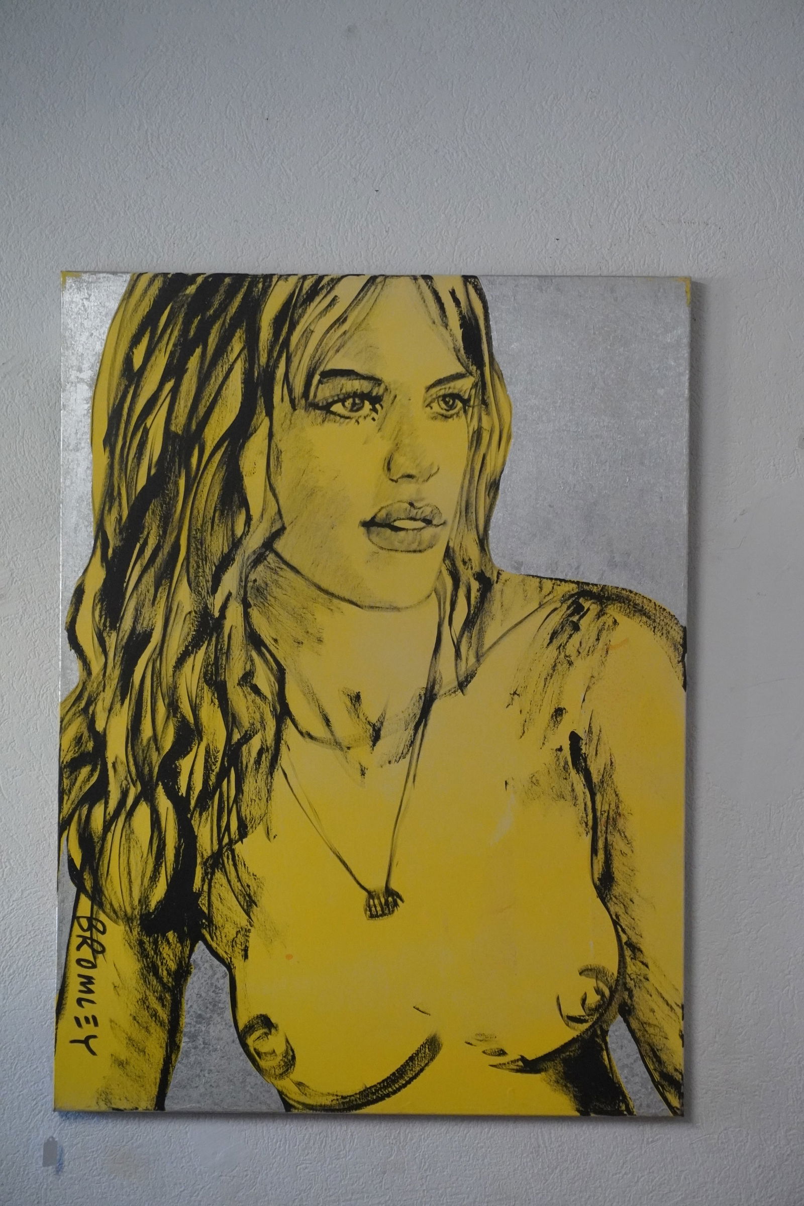 David Bromley: (Australia, b. 1960) Nude mixed media oil and silver leaf on canvas. Brilliant work signed lower right vertically. Excellent condition. H48" W36" Sold from the collection of a Virginia Gentleman.