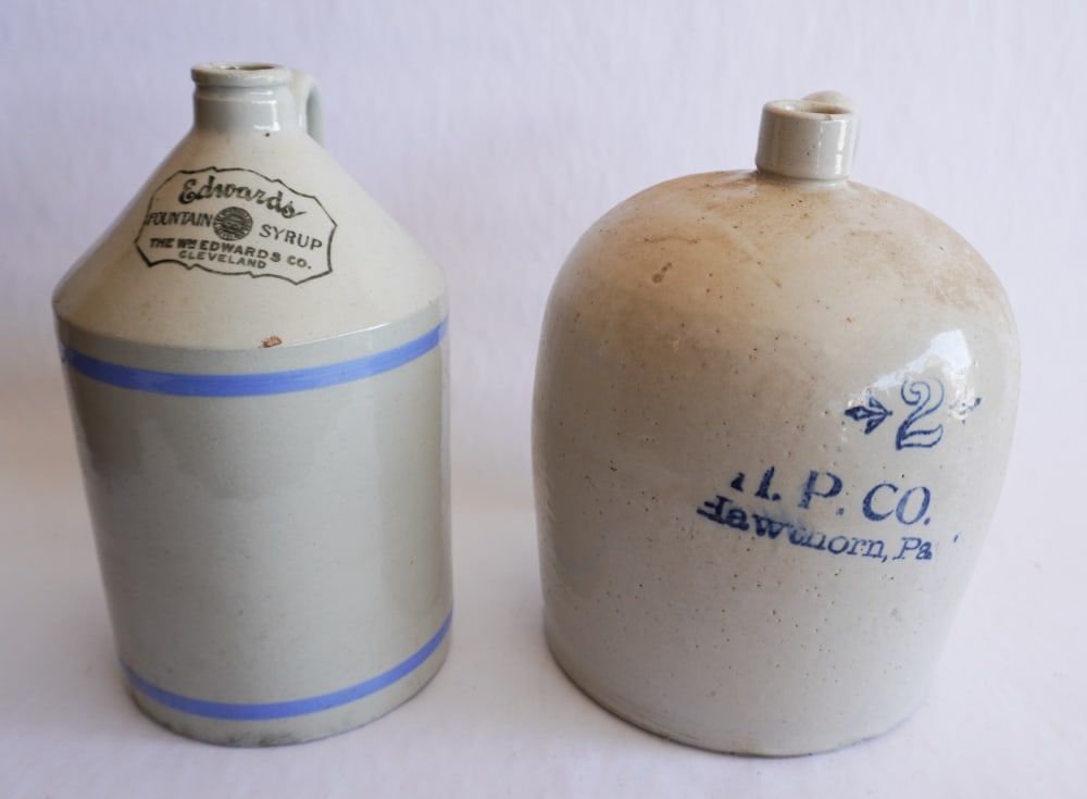 Two Antique Bristol Glazed Stoneware Advertising Jugs (1 of 2)