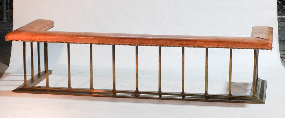 Antique Edwardian Leather & Brass Club Fire Fender (1 of 4)