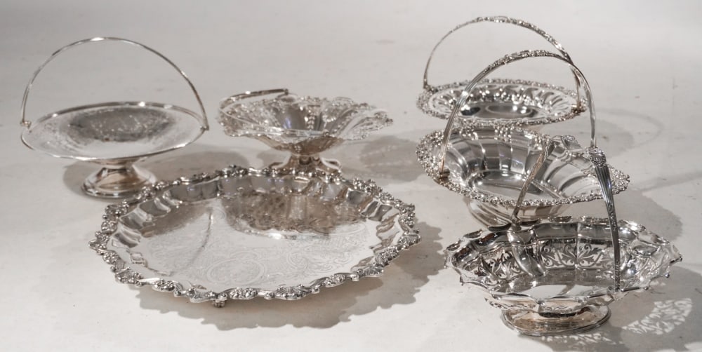 Collection Old Sheffield Silver Plate Baskets: 19th and 20th century group including five excellent baskets and a fine serving platter. All are in very good, well kept condition throughout. Sold from the collection of a Charlotte, North Carolina l