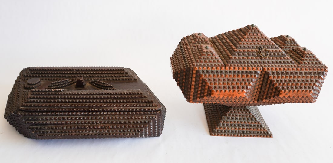 Two Charming Antique Tramp Art Carved Wood Boxes (1 of 4)