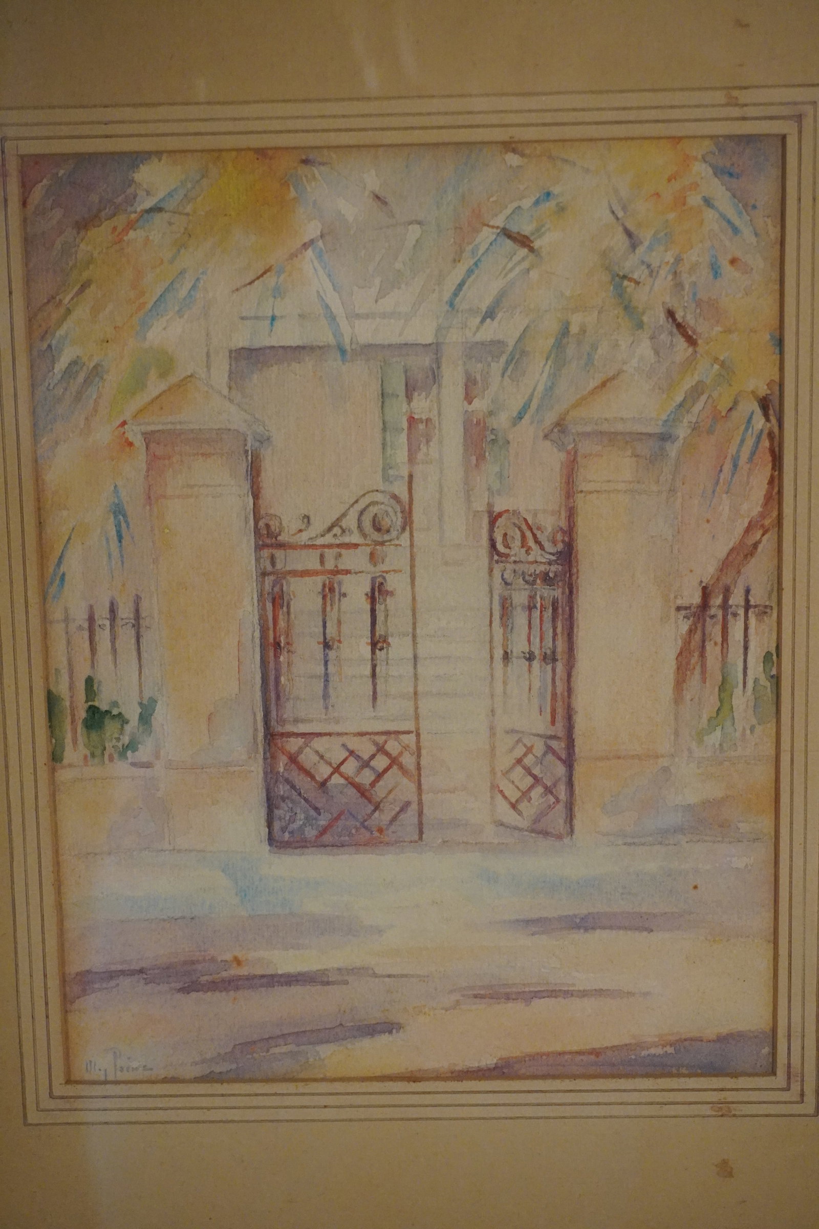 May Paine: (Charleston, South Carolina, 1873-1941) Watercolor of Charleston, South Carolina gates and home. Very well rendered and signed lower left. Framed in what looks to be the original frame. Sight size: H8