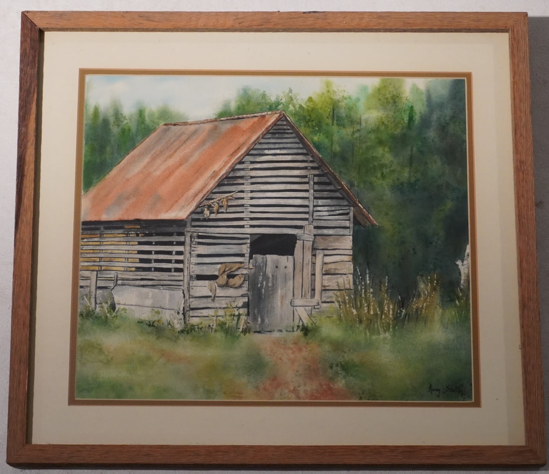 Karen Shelton: (Virginia, 20th century) Watercolor on paper barn scene in summer setting signed lower right. Framed nicely. Good overall condition. Sight size: H13 1/4" W15 3/4" (without frame) Sold from the collect