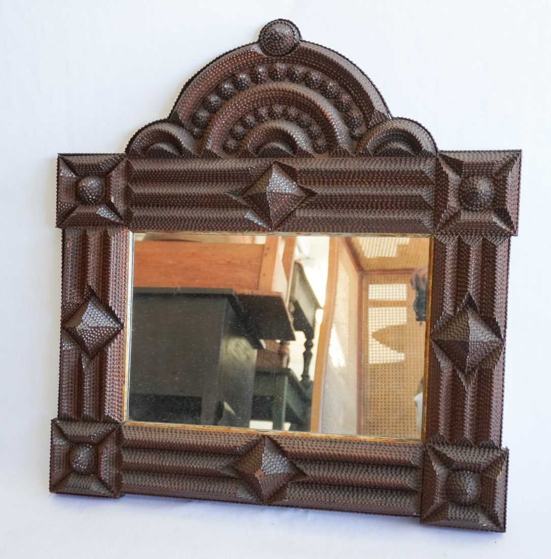 Excellent Antique Tramp Art Carved Mirror (1 of 4)
