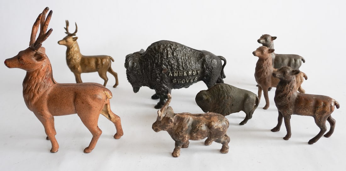 Collection Various Antique Cast Iron Figural Banks: 19th and early 20th century group including a variety of hoofed animals. Tallest:H 9" Sold from the collection of a South Boston, Virginia Family.