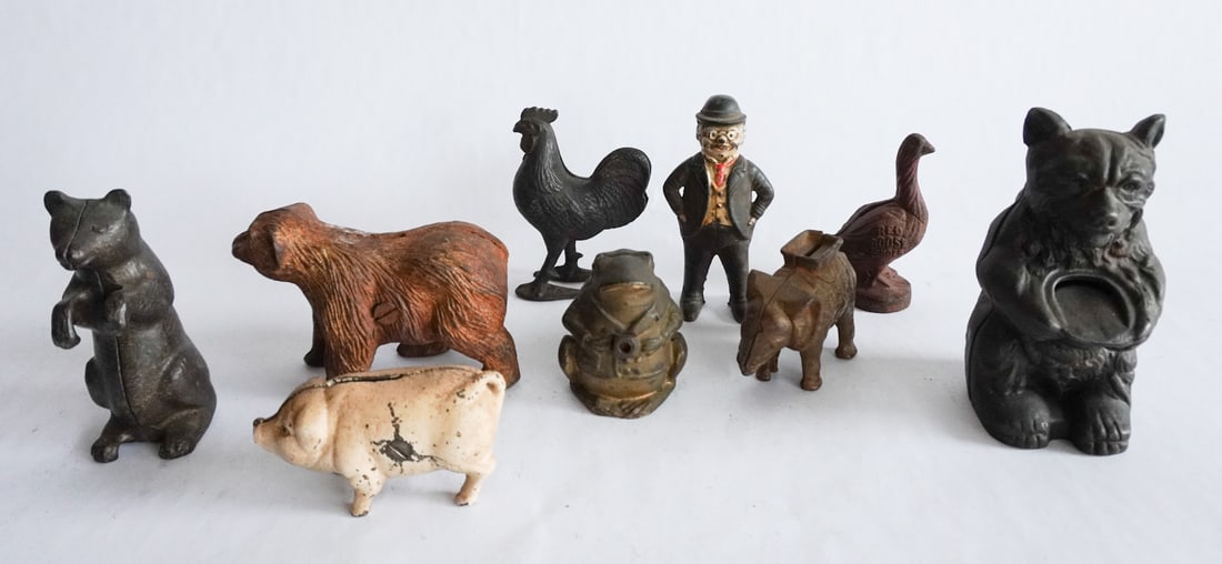 Collection Various Antique Cast Iron Banks: 19th and early 20th century group including various forms and sizes. Very charming lot, each having a nice old surface. Tallest: H6 1/4" Sold from the collection of a South Boston, Virginia Family.