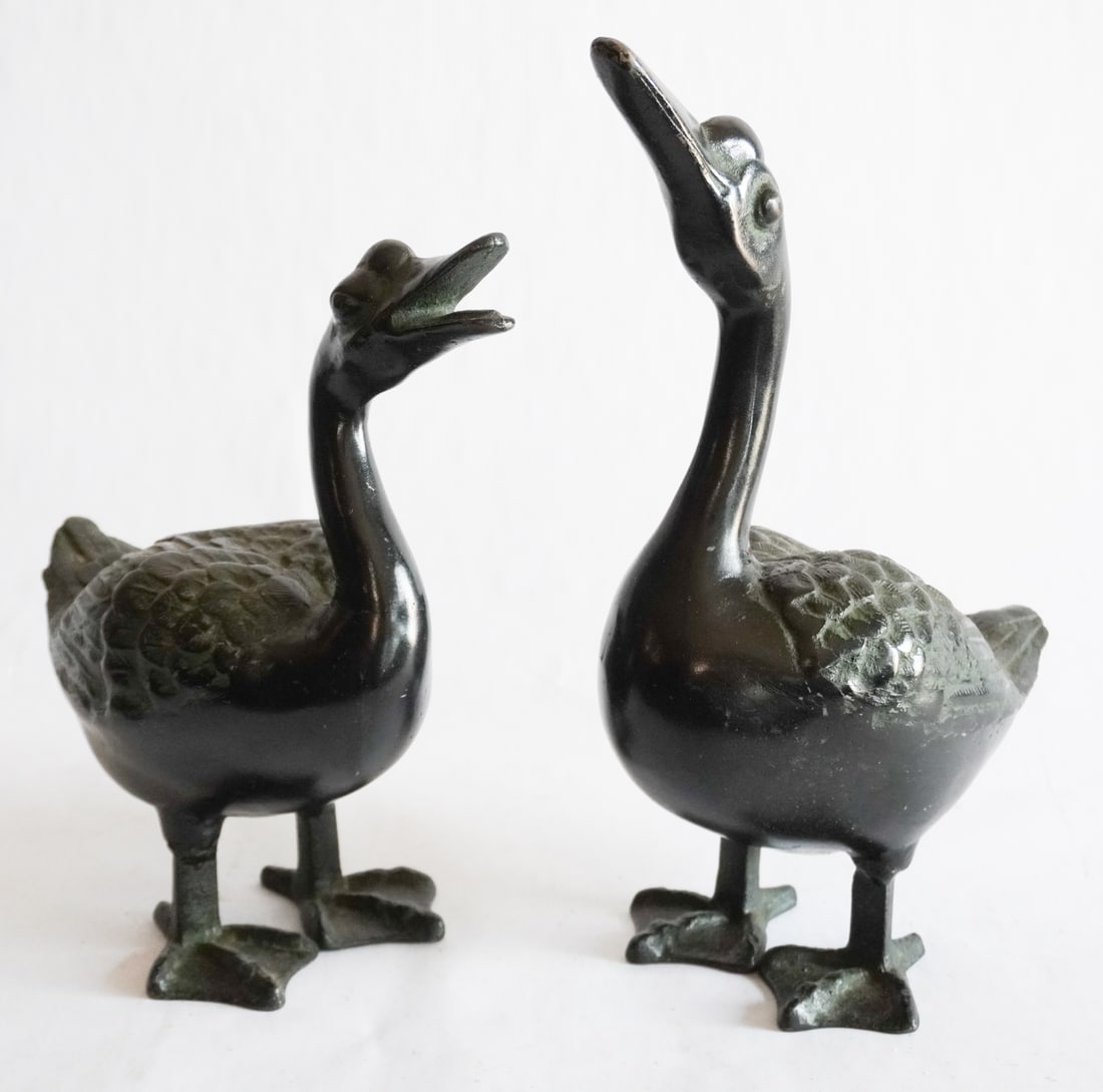 Fine Pair Oriental Bronze Antique Duck Sculptures (1 of 3)