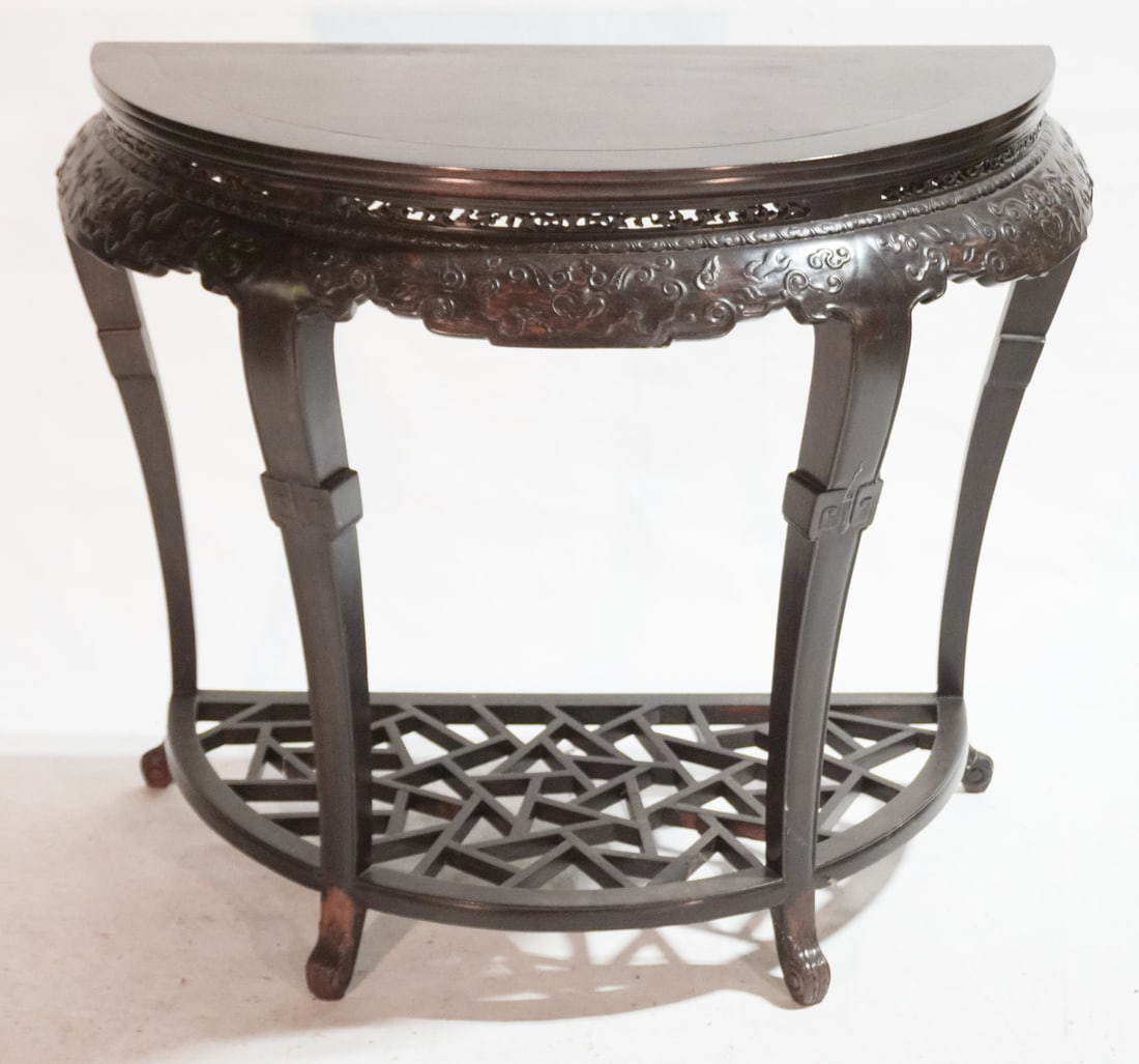 Antique Chinese Carved Hardwood Altar Table: 19th century. Having excellent form with carved frame and legs and with broken ice style lower stretcher at bottom frame. H34" W42" D32" Sold from the Braford Collection of Natural Bridge, Virginia.