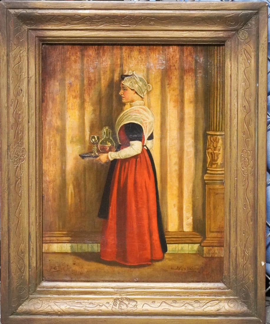 Nicolass Van der Waay: Circa 1850. Very nicely rendered work possibly by a Dutchman working in the United States. The work depicts a servant woman with tray in red dress. Titled lower right,"Nvo Waay." Initialed lower left 
