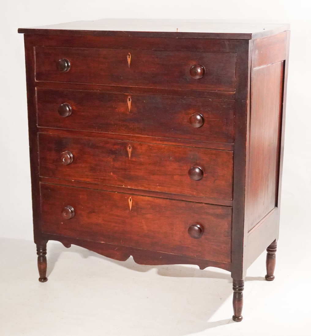 Handsome Southern Inlaid Poplar Federal Chest: Circa 1820, likely Virginia. Very handsome chest having nice old surface with rectangular top over the case housing four graduated drawers each inlaid with diamond at each key hole and all resting ato