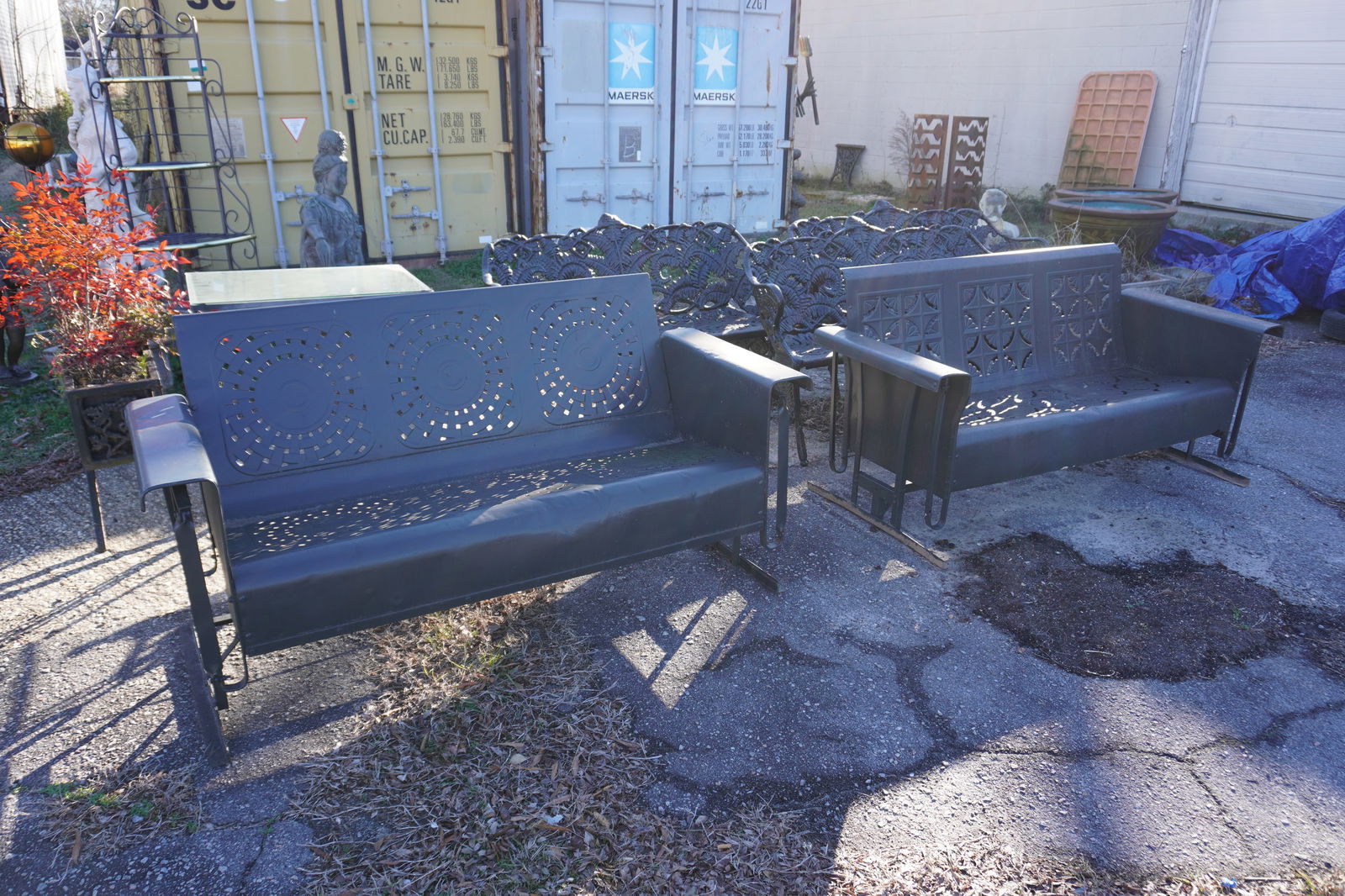 Two Mid Century Deco Porch Glider Metal Settees: Mid 20th century. Each having very charming form and in good well kept condition throughout. Sold from the collection of a South Boston, Virginia Family.
