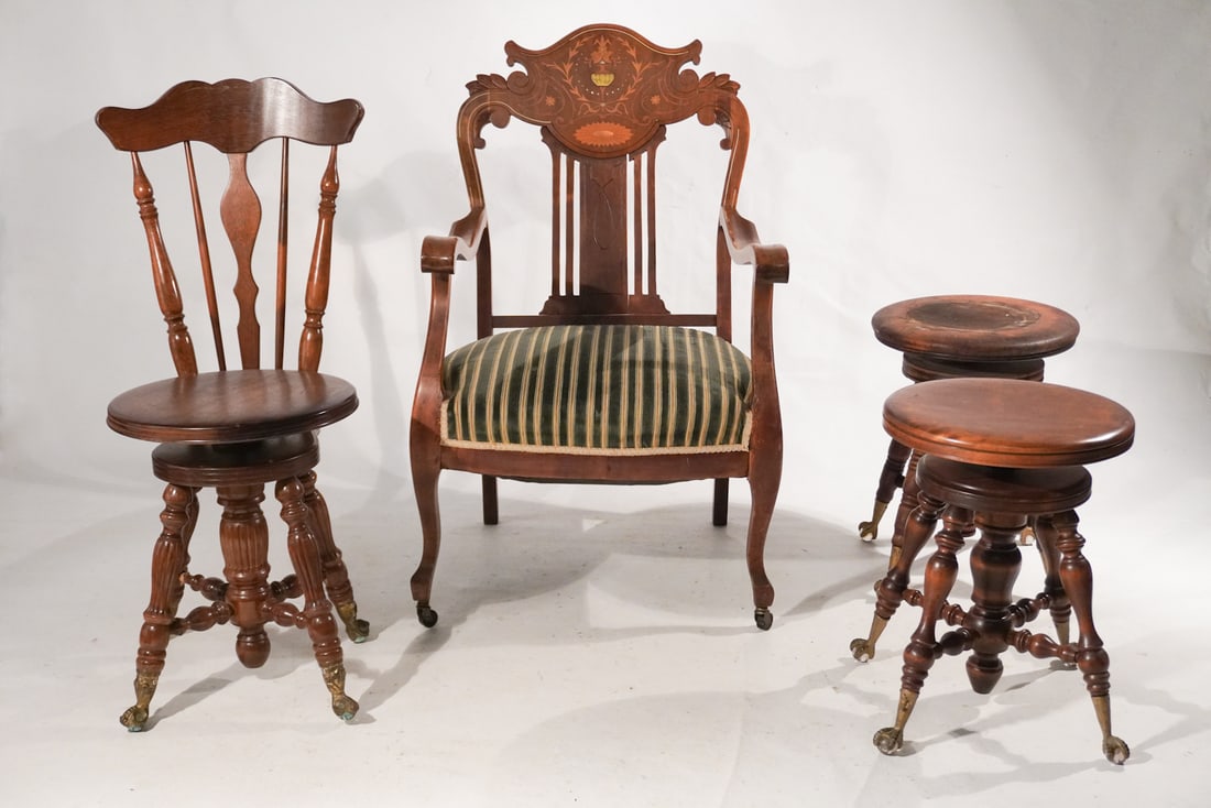 Collection Antique Victorian & Edwardian Chairs: 19th century group including three handsome piano or organ stools along with a handsome English Edwardian arm chair.