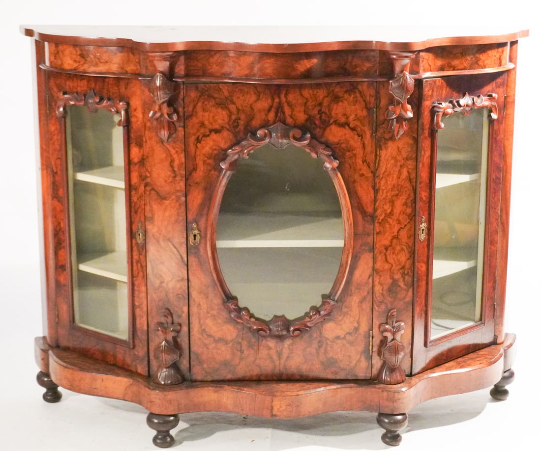 Handsome English Rococo Revival Carved & Figured Walnut Server or Display Cabinet (1 of 2)