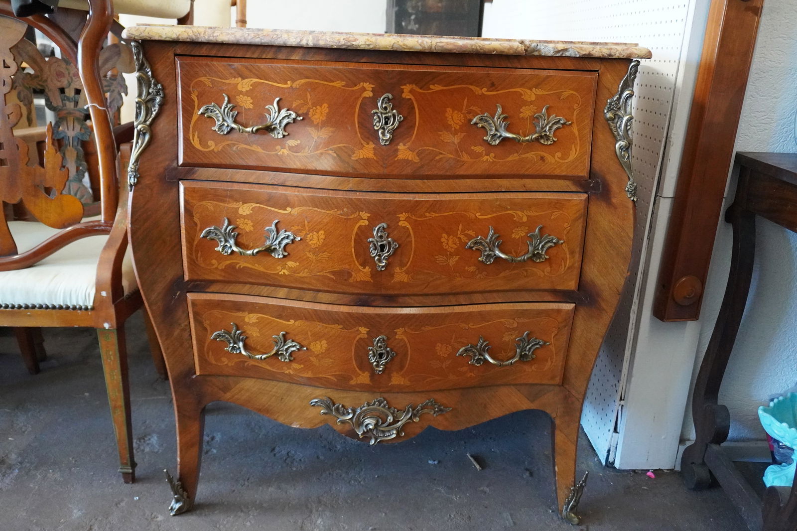 Antique French Marquetry Marble Top Bombay Chest (1 of 4)