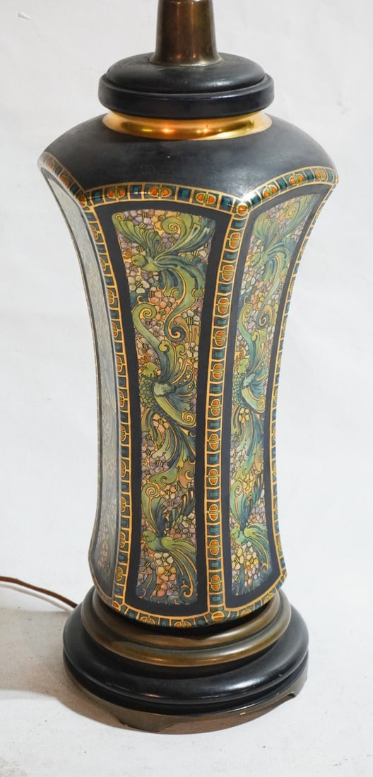 Excellent Antique Art Nouveau Porcelain Vase: Circa 1920, likely American or English. Possibly Tiffany or a firm competing with Tiffany. Brilliantly hand decorated lamp with excellent enamel work over the porcelain body. Drilled as lamp otherwise
