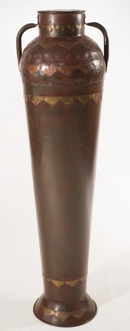 Arts & Crafts Style Hammered Copper Floor Urn: Early 20th century, likely Asian or Persian origin. The piece having a nice tall size standing at 44" tall. Very nice patina throughout and good overall condition. Sold from the collection of a Camden