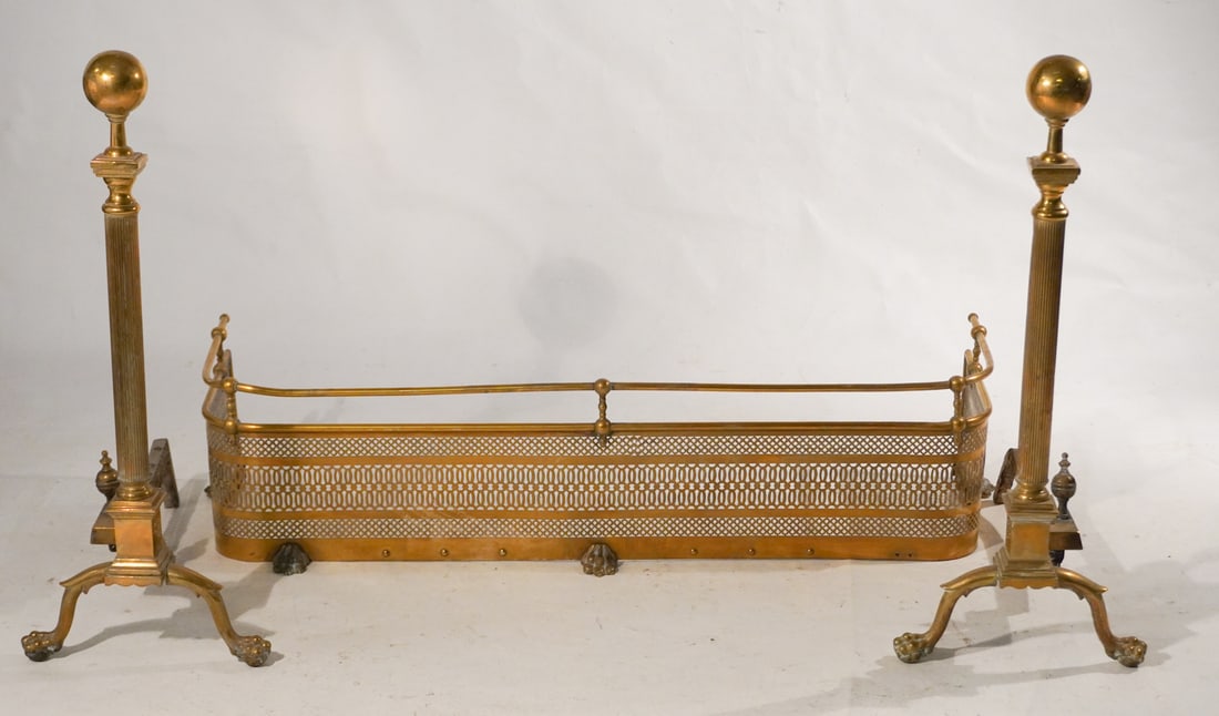 Handsome Brass Andirons along with Fire Fender (1 of 2)