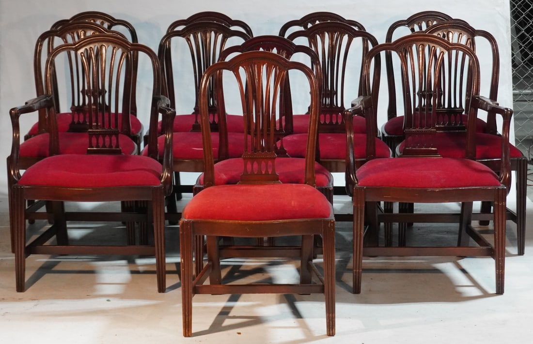 Fine Set Ten Federal Style Mahogany Dining Chairs: Circa 1890. Very nicely crafted and carved set with pierced backs over upholstered seat on tapered legs. H36" W19" D19" Sold from the Braford Collection of Natural Bridge, Virginia.