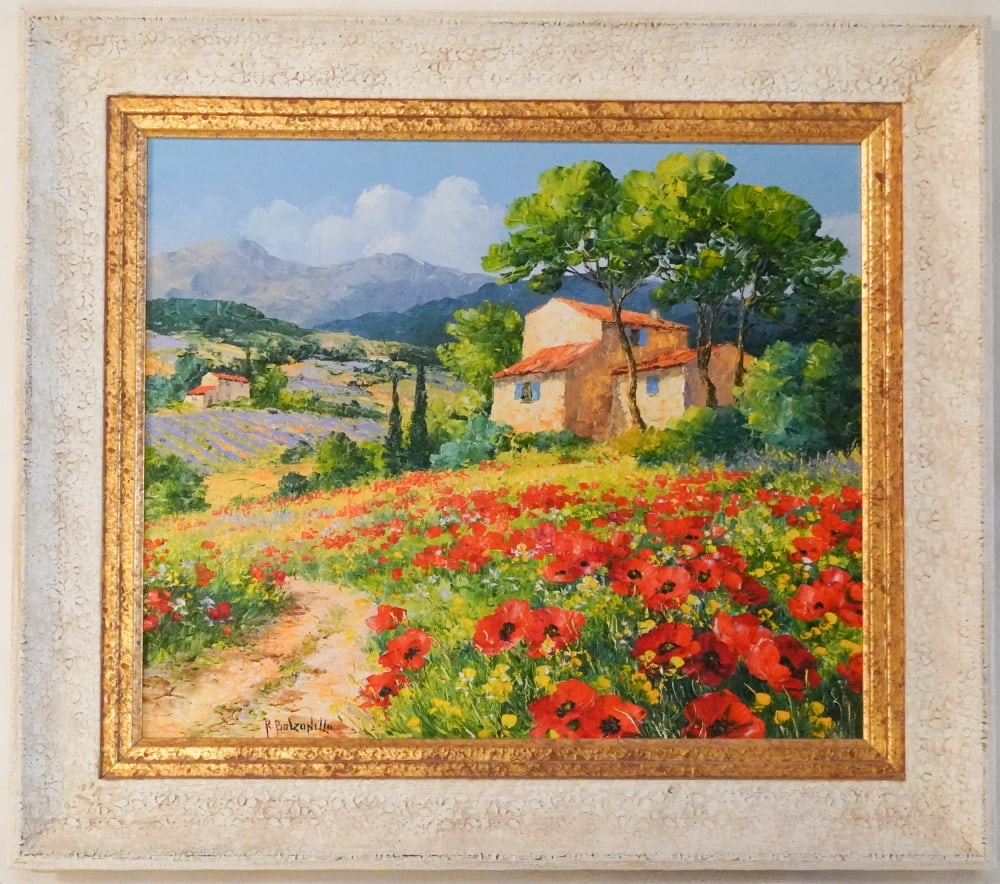 Roger Bolzonello: (France, b. 1944) Oil on canvas summer hill country. The work is signed lower left and framed nicely. Signed again on verso. Framed: H25" W29" Sold from the collection of a Columbia, South Carolina fa