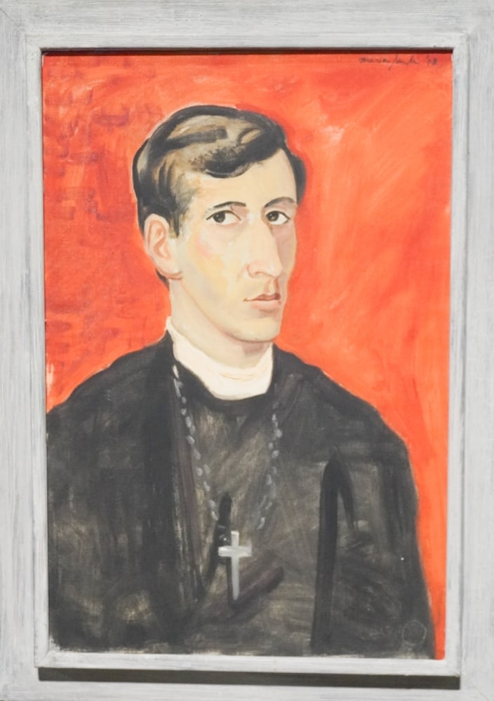 Charming Mid Century Portrait of Catholic Priest: Mid 20th century. Very handsomely rendered portrait housed in period mid century frame. H36" W25 1/2" Sold from the Braford Collection of Natural Bridge, Virginia.