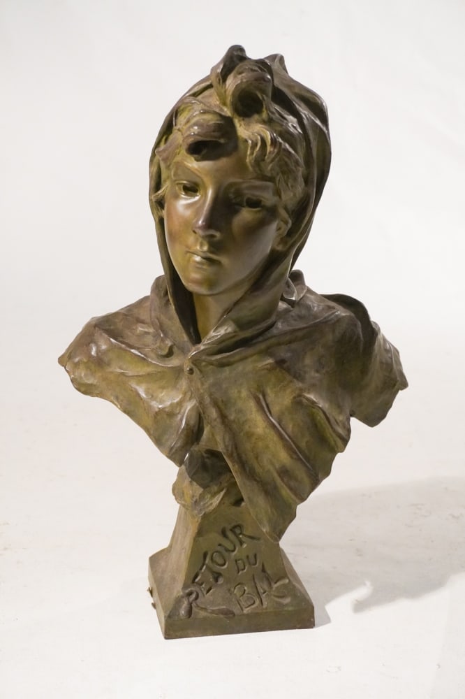 Emmanuel Villanis: (France, 1858 - 1914) Bronze bust of young man in hood. The work is signed front and at backside bears a very nice foundry mark as well. Nice patina throughout good overall condition. H21 1/4" Sold fr