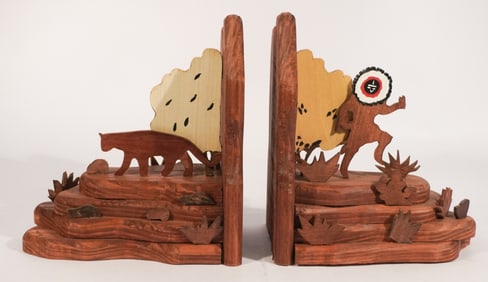 Pair Native American Hand Crafted Wood Bookends