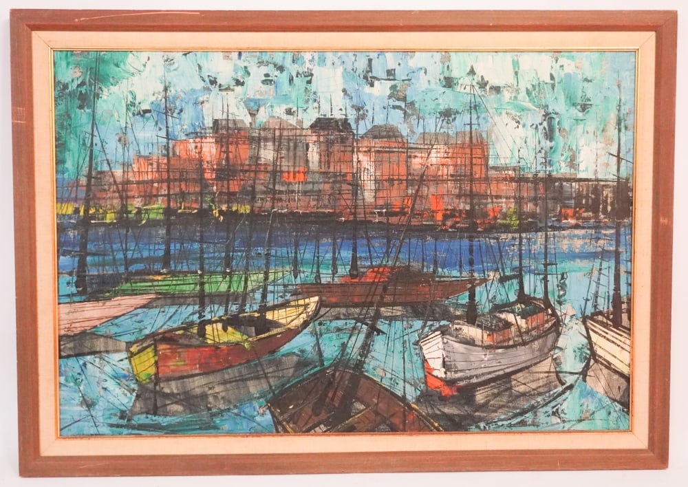 Italian Mid Century School: Manner of Bernard Buffet, mid 20th century. Signed illegibly lower left. Very striking oil on canvas of port scene framed in period frame. Good overall well kept condition. H28 3/8" W40 1/2" Sold from