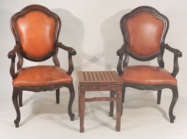 Fine Pair French Carved Walnut & Leather Armchairs