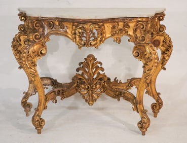 Excellent French Carved & Gilt Marble Top Rococo Console Table