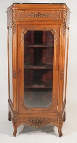 Handsome French Rococo Style Carved Walnut Marble Top Vitrine or Cabinet