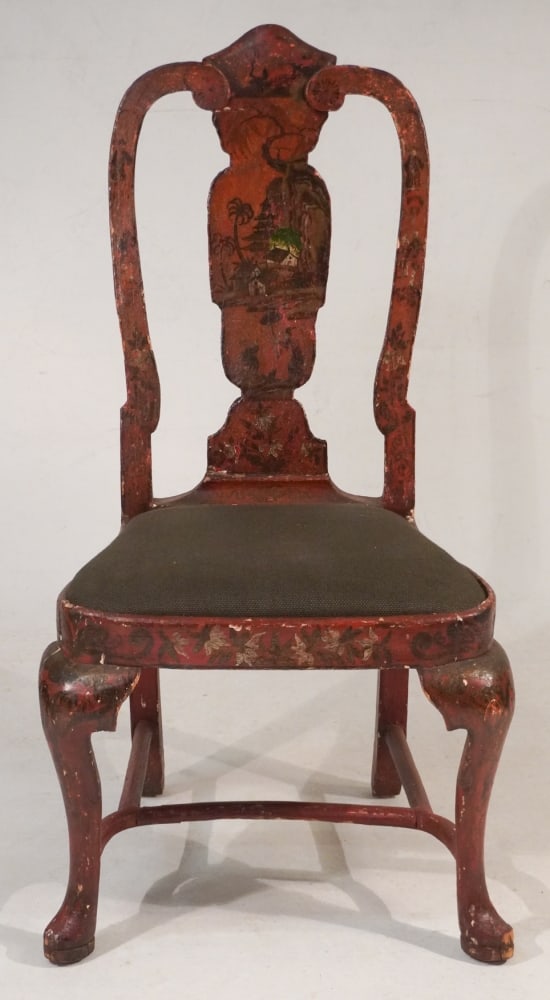 Queen Anne Style Chinoiserie Japanned Side Chair: Circa 1880 second period. Nice red lacquer japanned surface with charming upholstery to the seat. Some slight surface wear consistent with age. H43 1/2" W22" D19" Sold from the collection of a Greenvi