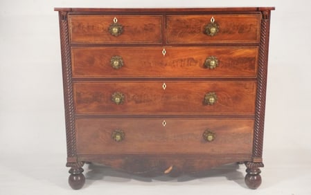 Handsome English Regency Yew Wood Inlaid & Carved Chest of Drawers